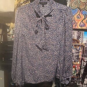 Banana Republic Navy Multicolor Floral Tie-Neck Blouse